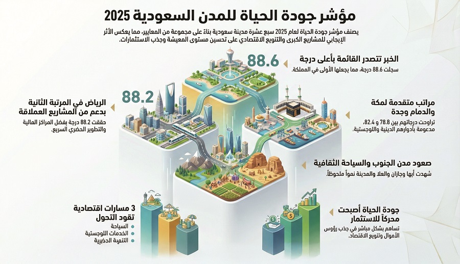 الخبر تتصدر مؤشر جودة الحياة في المدن بدرجة 88.6 والرياض ثانياً